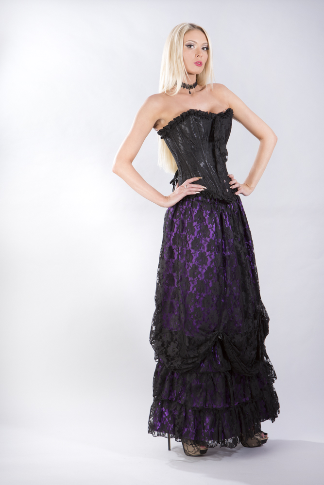 Alexandra long victorian skirt in black satin with black lace overlay | thumbnail | 