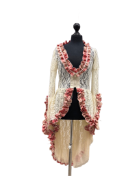 Femme zip jacket in cream lace with turquoise coral cream jacquard trim. | Color :coral  (1)