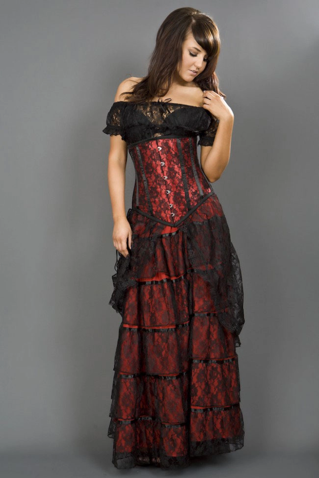 Victorian gothic maxi skirt in red cotton and black lace overlay | Color :Red (0)