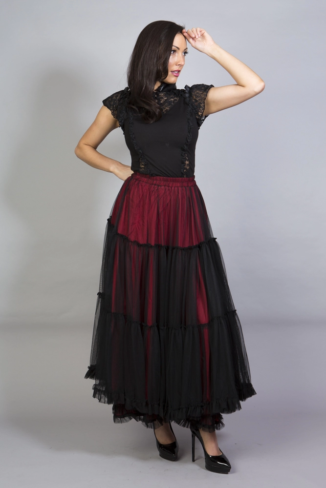 Rara long victorian goth skirt red satin & black mesh overlay | Color :Red (0)