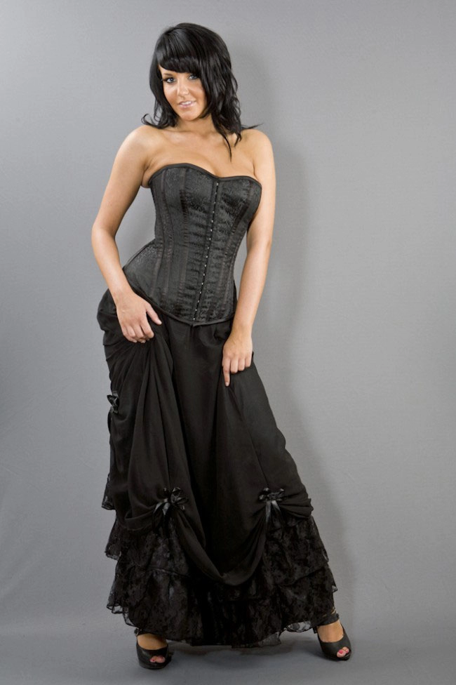 Alexandra long victorian skirt in black satin and black chiffon overlay | Color :Black (0)