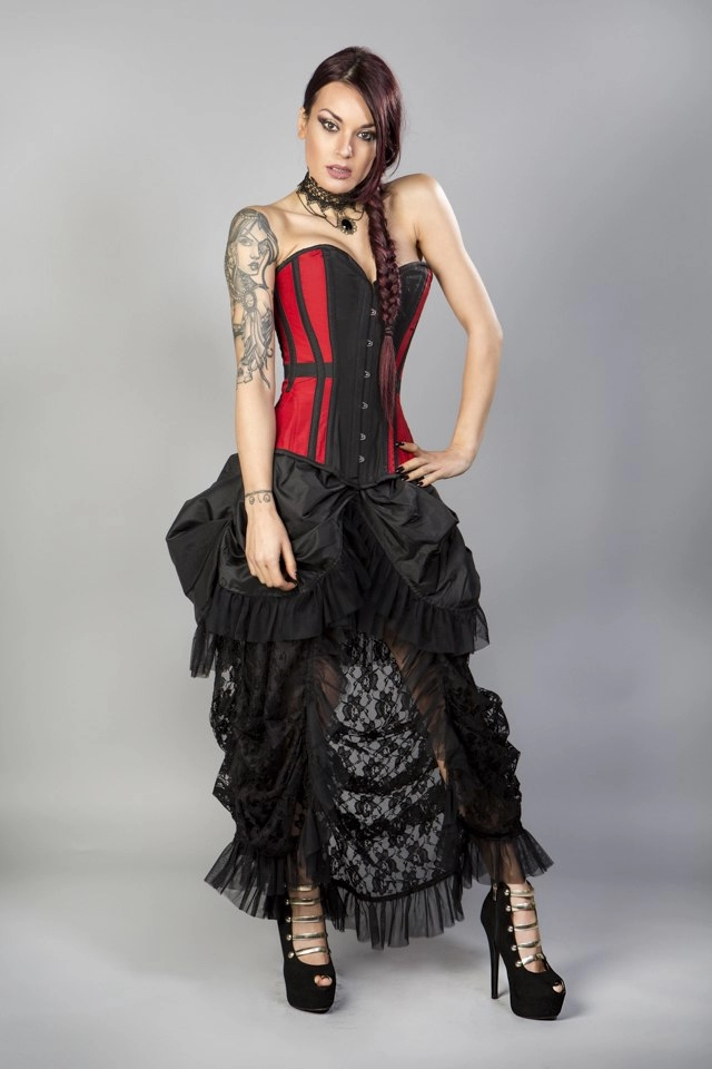 Morgana long overbust burlesque corset in red taffeta  | Color :Red (0)