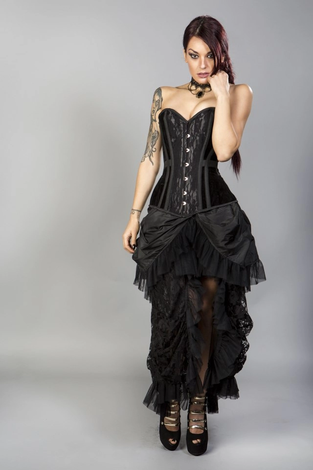 Morgana long overbust burlesque corset in black flock  | Color :Black (0)