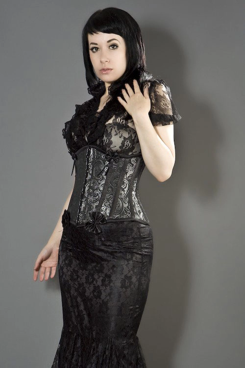 Daisy underbust burlesque corset in silver scroll brocade | Color :silver (0)
