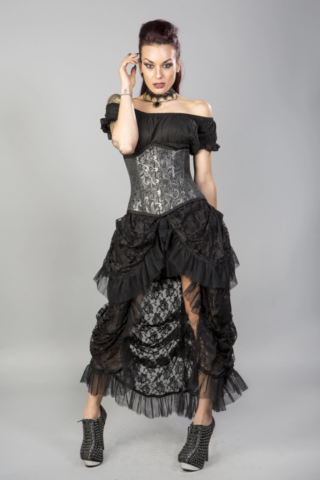 Candy underbust steel boned waist training corset in black scroll brocade | thumbnail | 