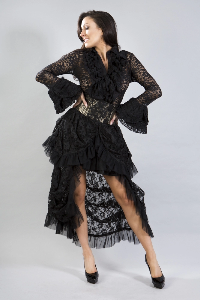 Widow long sleeve ladies gothic shirt in black stretch lace | Color :Black (0)