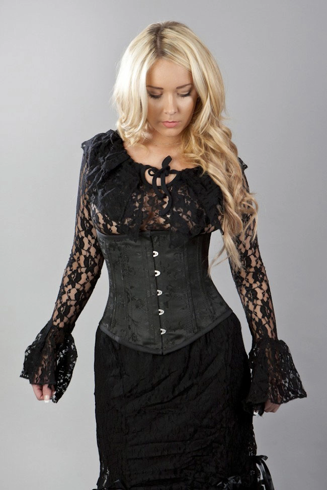Sophisticated double steel boned underbust corset in black blossom brocade | Color :Black (0)