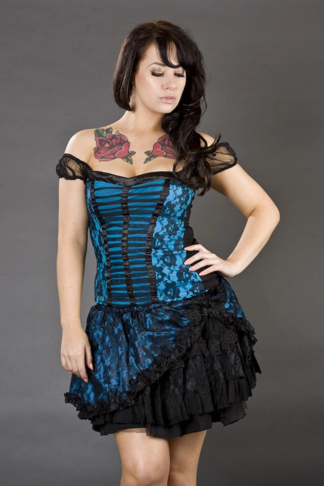 Candy flared mini skirt in turquoise satin and black lace overlay | Color :turquoise (0)