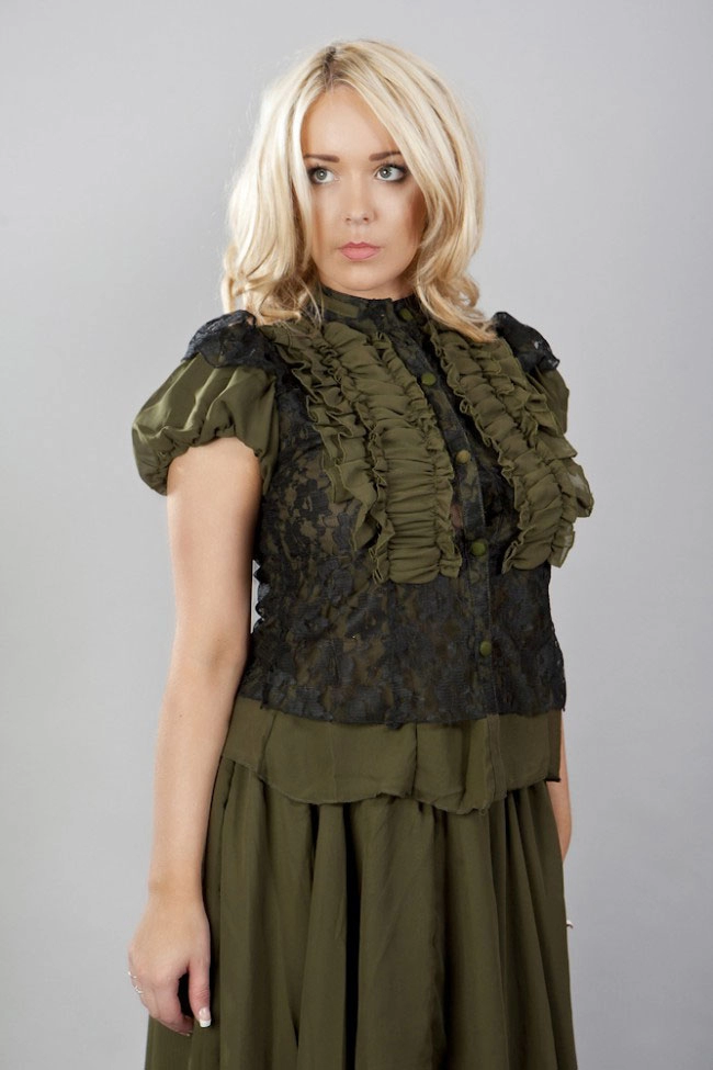 Katie victorian frilled shirt in olive green chiffon and black lace | Color :olive (0)