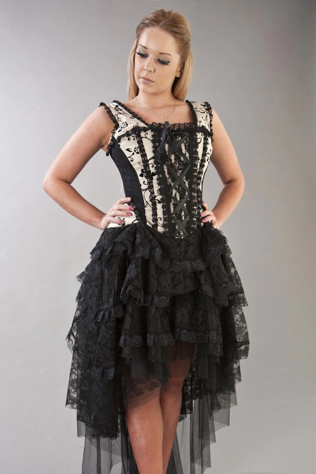 Ophelie victorian gothic corset dress in cream satin flock | Color :cream (0)