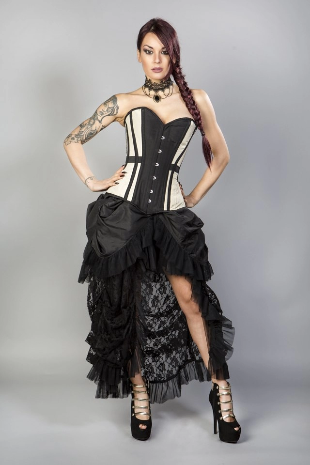 Morgana long overbust burlesque corset in cream taffeta  | Color :cream (0)