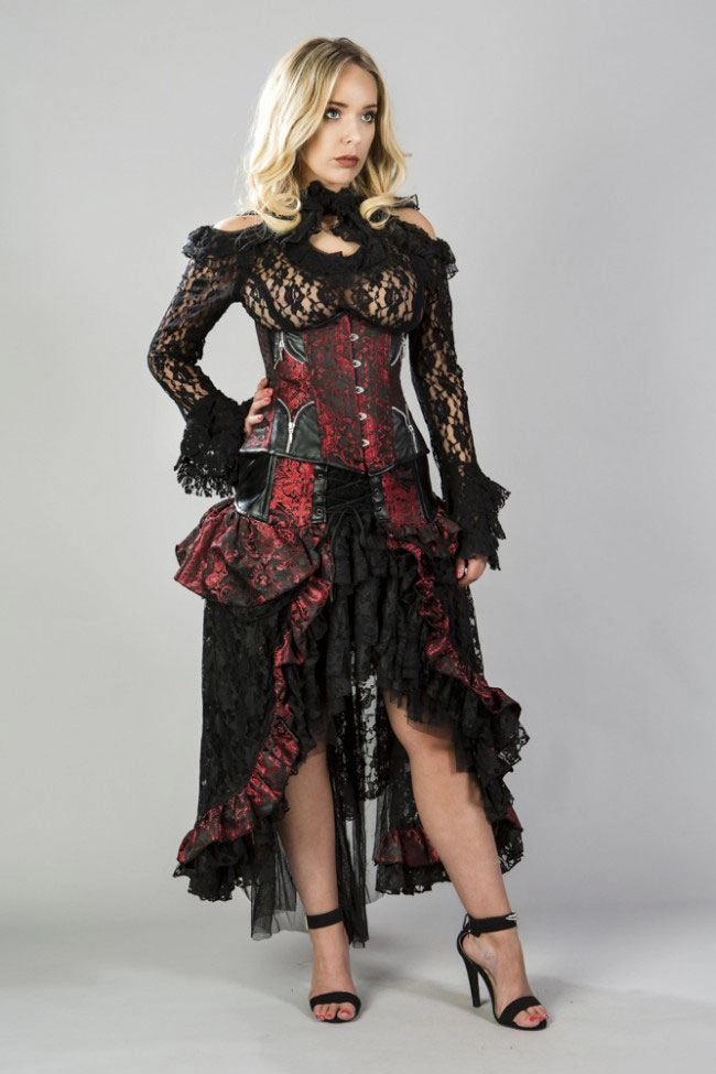 Evangeline high waisted skirt in red king brocade and black lace  | Color :Red (0)